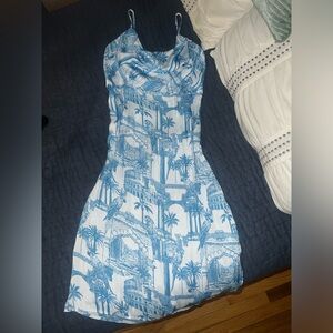 Forever 21 Blue & White Palm Print Cowl Neck Midi Dress